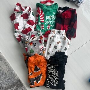 Mixed Holiday & Seasonal Kids Pajama Bundle - Green, Red, White, Black, Orange
